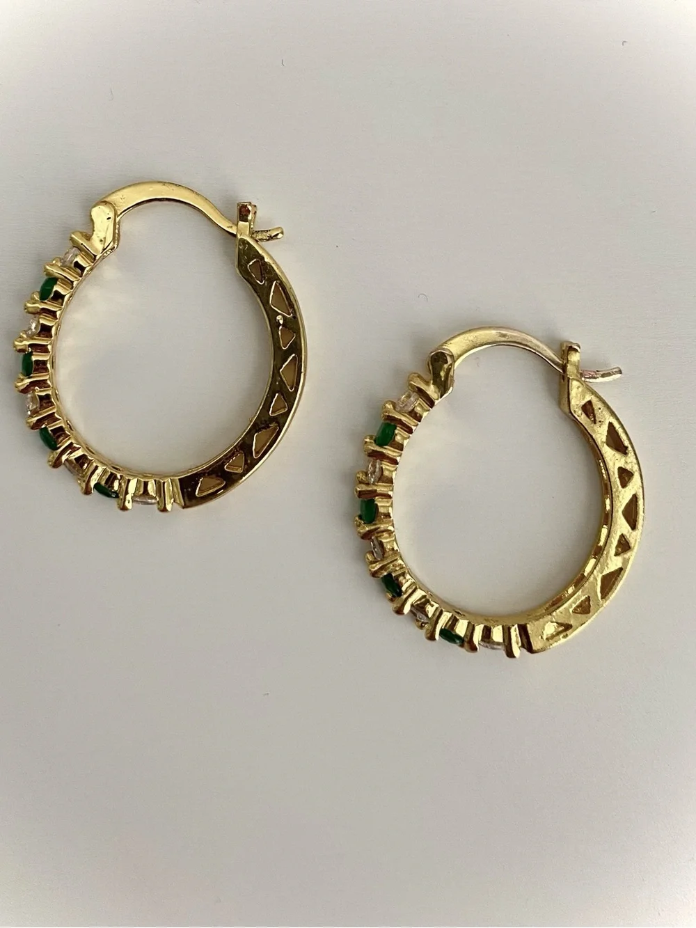 Emerald Green and White CZs in Gold Tone Hoop Earrings